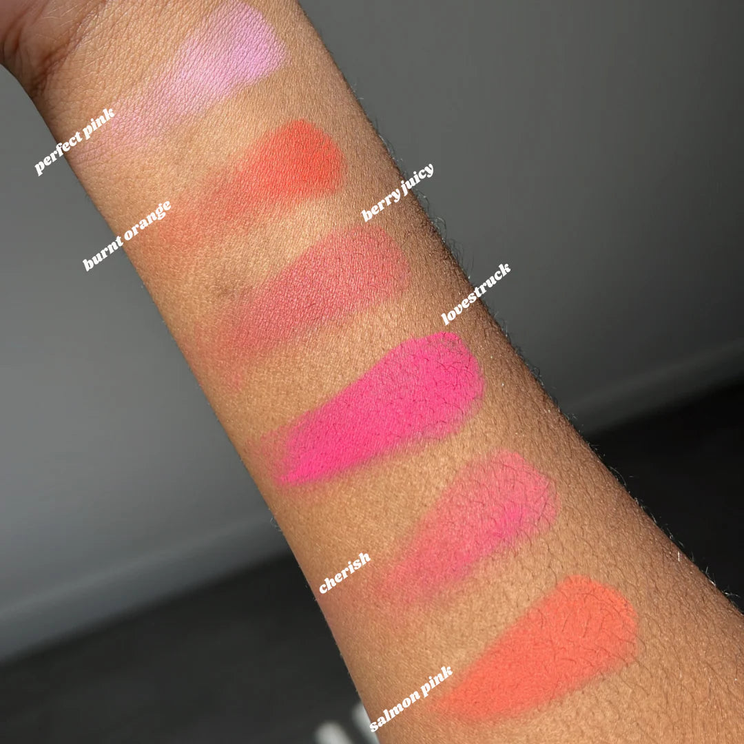 Lipstick swatches on a person's arm with color names labeled